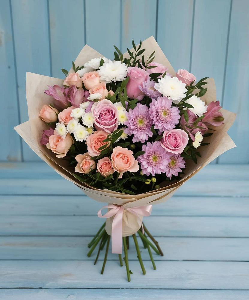 Букет цветов из: Хризантемы, Розы и Альстромерии в Яблоновском