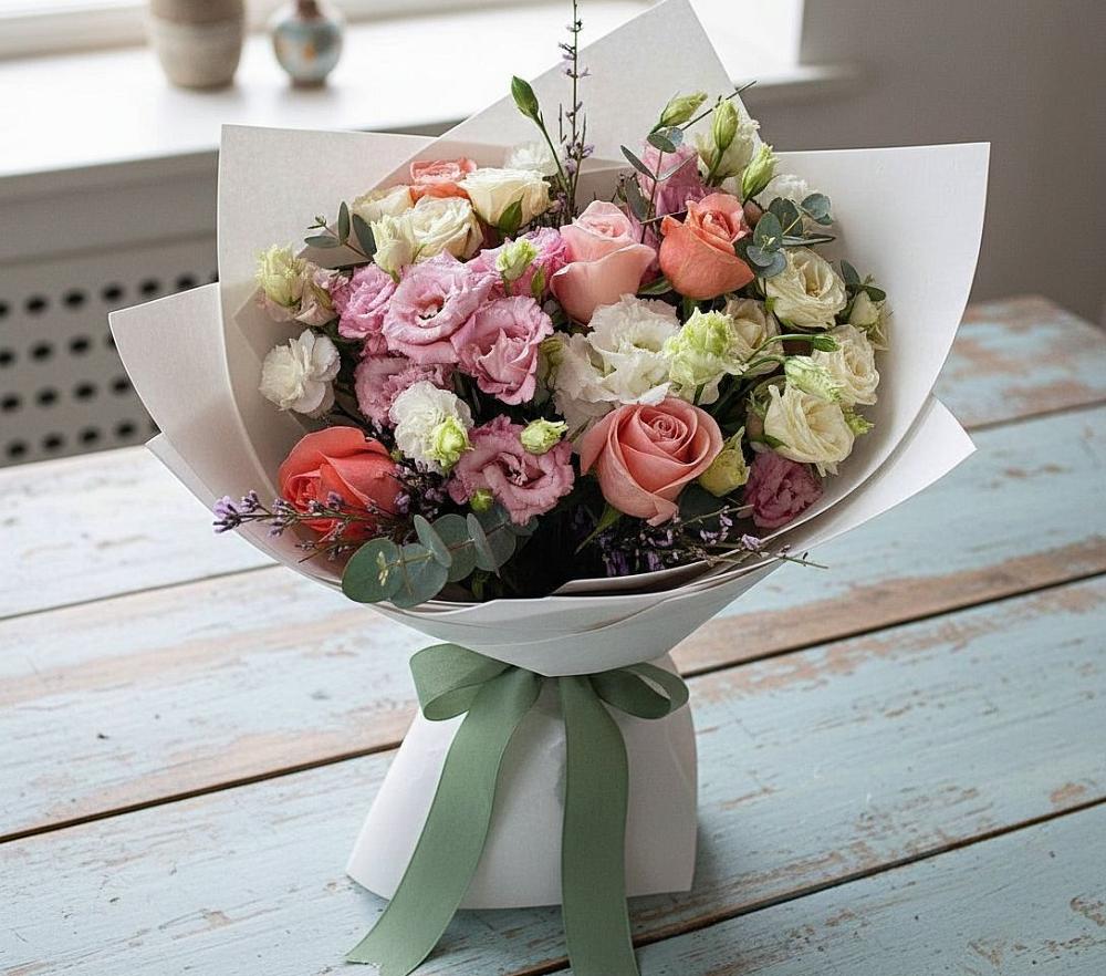 Букет цветов из: Розы, Лизиантусы и Гвоздики в Яблоновском