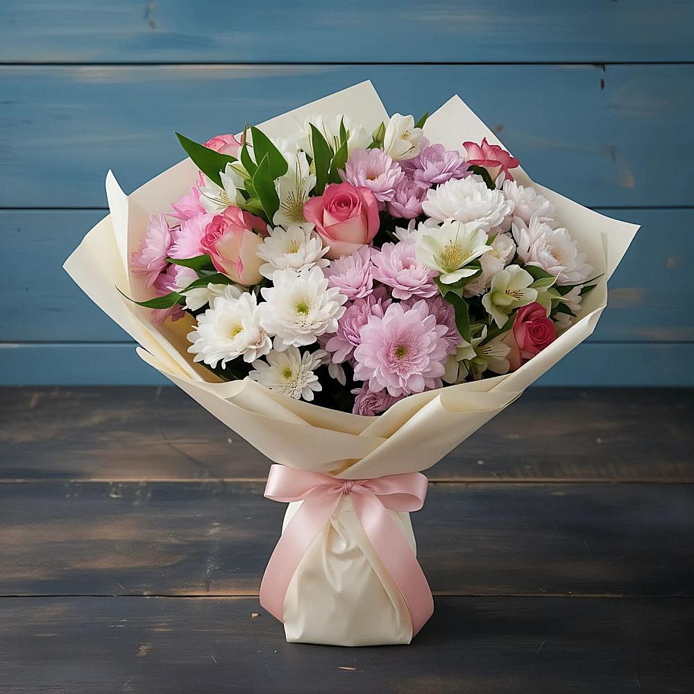 Букет цветов из: Хризантемы, Альстромерии и Розы в Яблоновском